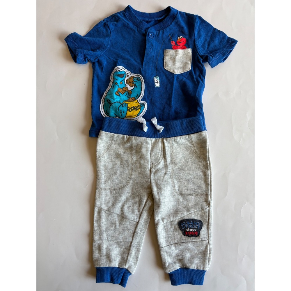 Sesame Street Cookie Monster Elmo Henley Top and Joggers‎ Set Blue Gray 6/9M